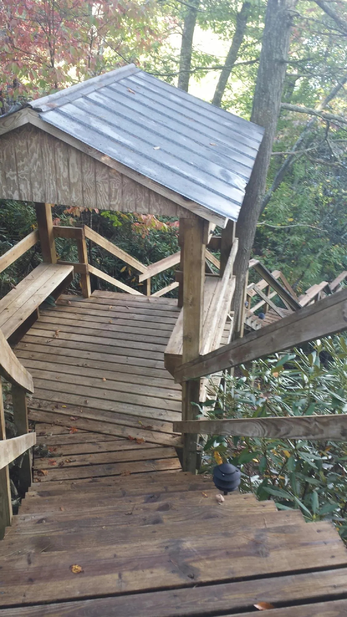 Metal roofed shelter over wooden steps on a wooded walkway — Skylight Repair & Installation work by our crew in Roebuck