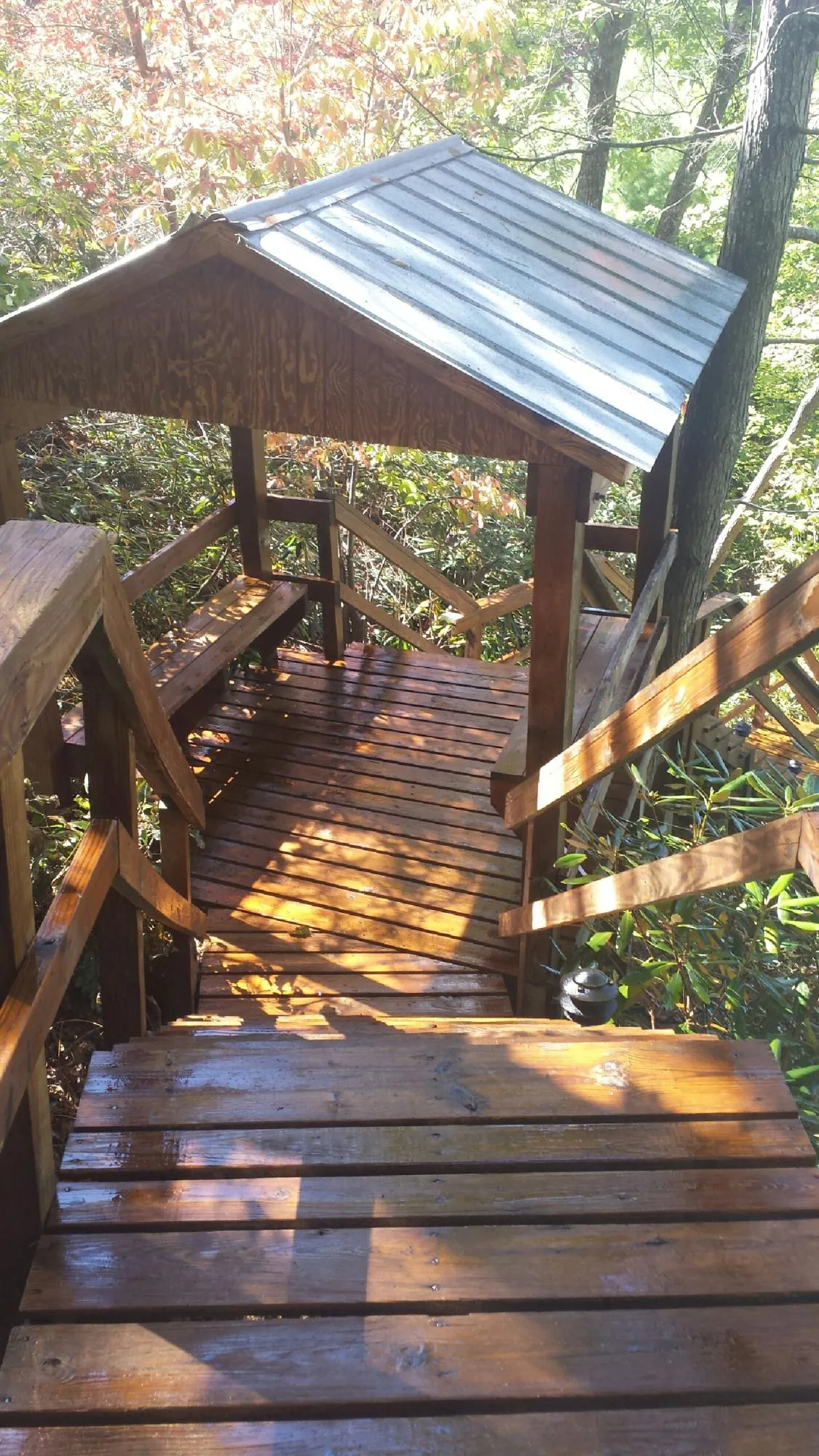 Freshly stained wood walkway and covered shelter with a metal roof in Roebuck